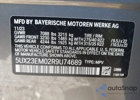 2024 BMW X7 xDrive40I из США, поврежденный, VIN 5UX23EM02R9U74689